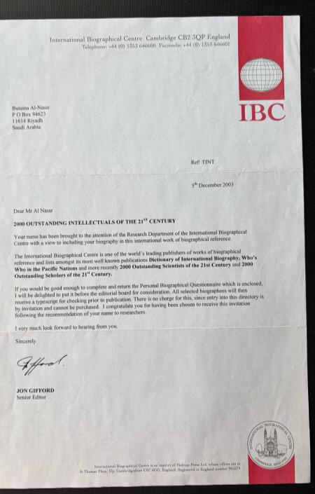 Cambridge Intellectual Classification 2003 Buthaina Al Nassr - Outstanding Intellectual' by IBC.- Cambridge, United Kingdom.